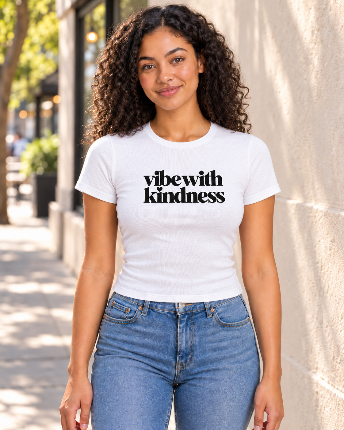 AI lifestyle mockup of the Vibe With Kindness black-lettering Bella+Canvas 1010 baby tee in white, styled with blue denim