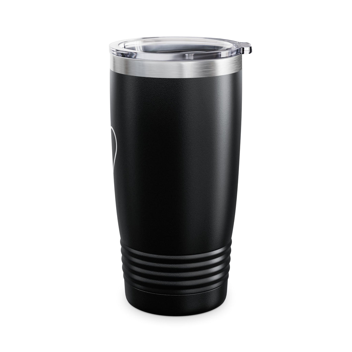 Supplier opposite side view of the black outlined-heart 20oz tumbler with clear lid and ribbed base