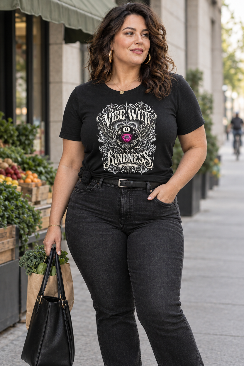 Model wearing the Black ornate 8-ball graphic tee while carrying a handbag outside storefronts.