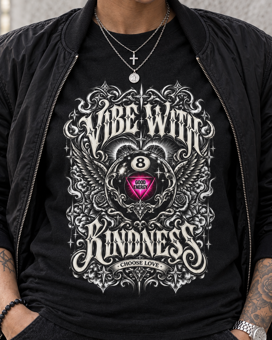 Close-up of the Black tee's ornate wings, Good Energy 8-ball graphic, and Choose Love ribbon under an open jacket.