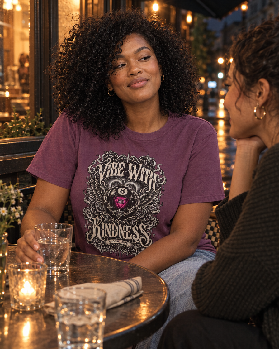Model wearing the Berry ornate 8-ball graphic tee while seated at an outdoor restaurant table.