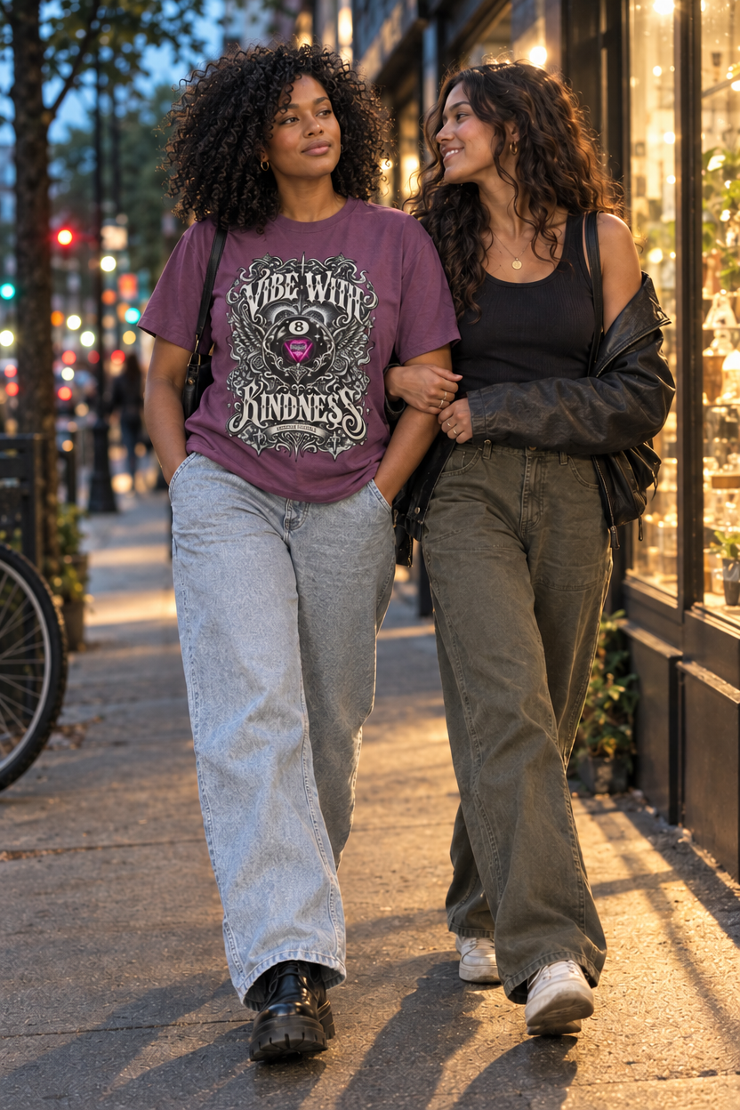 Model wearing the Berry ornate 8-ball graphic tee while walking beside another person near illuminated storefronts.