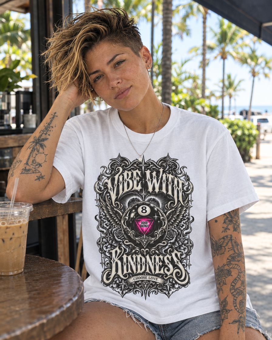 Model wearing the White ornate 8-ball graphic tee while seated at an outdoor cafe.