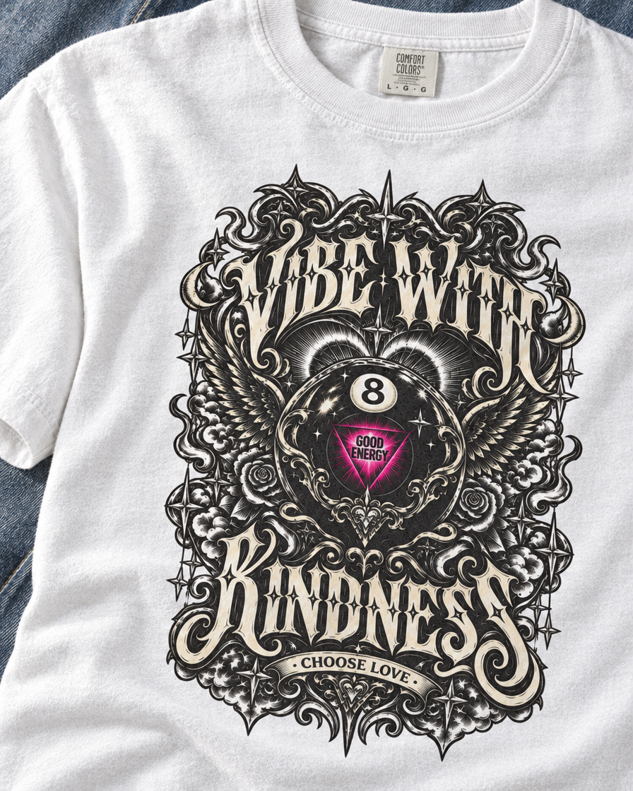 Flat-lay detail of the White tee's Vibe With Kindness lettering, Good Energy 8-ball graphic, and Choose Love ribbon.
