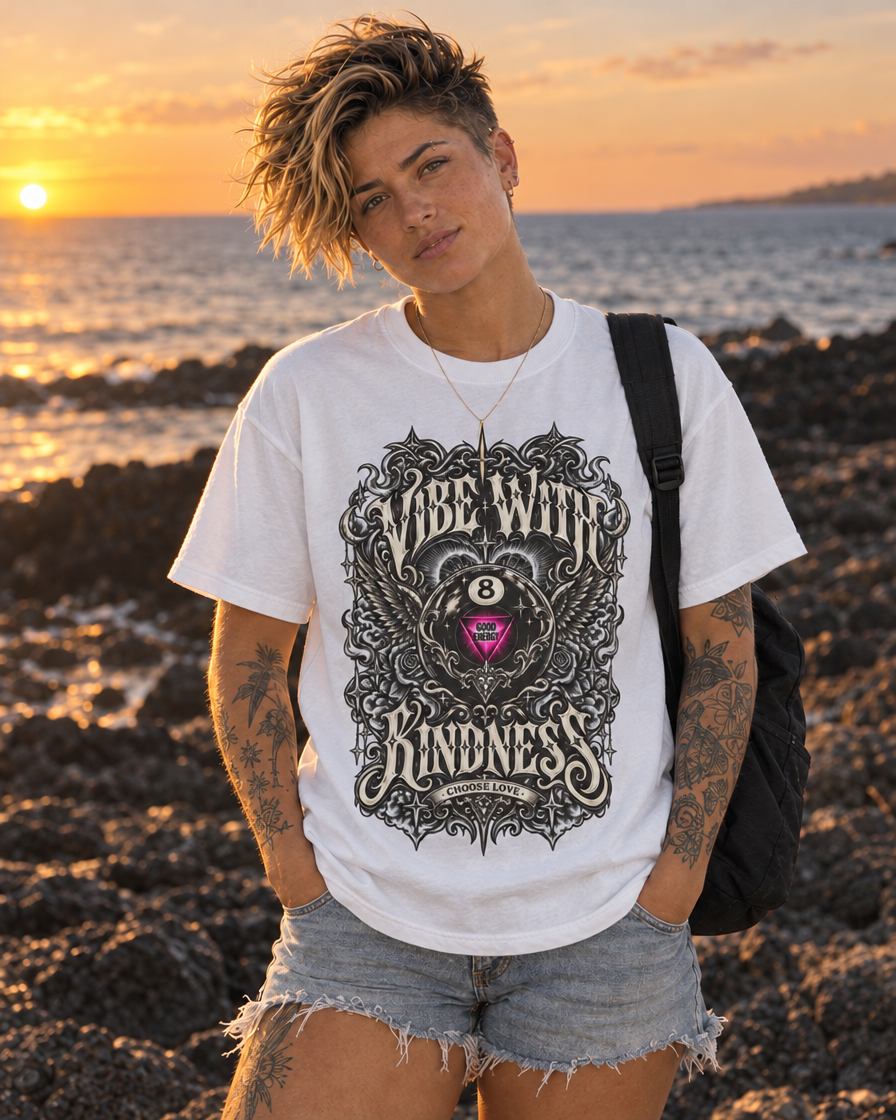 Model wearing the White ornate 8-ball graphic tee and denim shorts by the ocean at sunset.