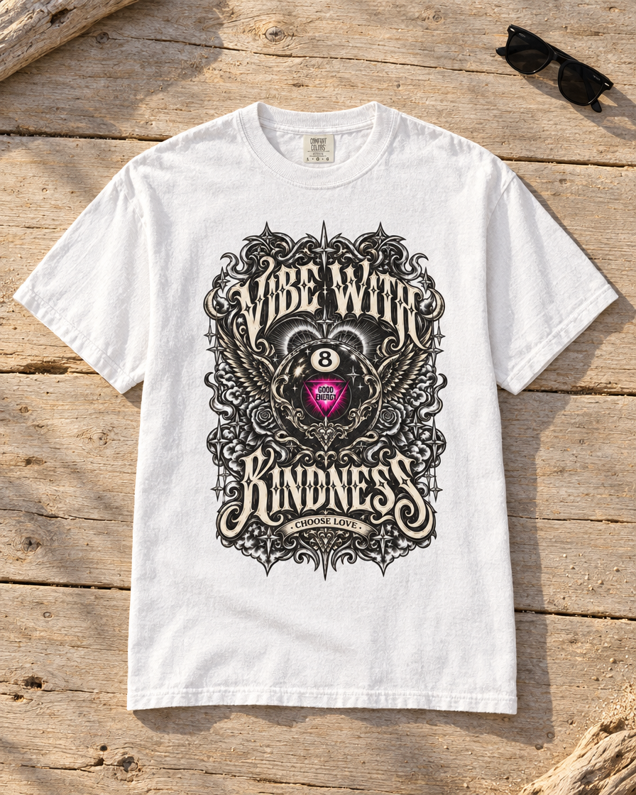 White ornate 8-ball graphic tee laid flat on wooden boards beside sunglasses.