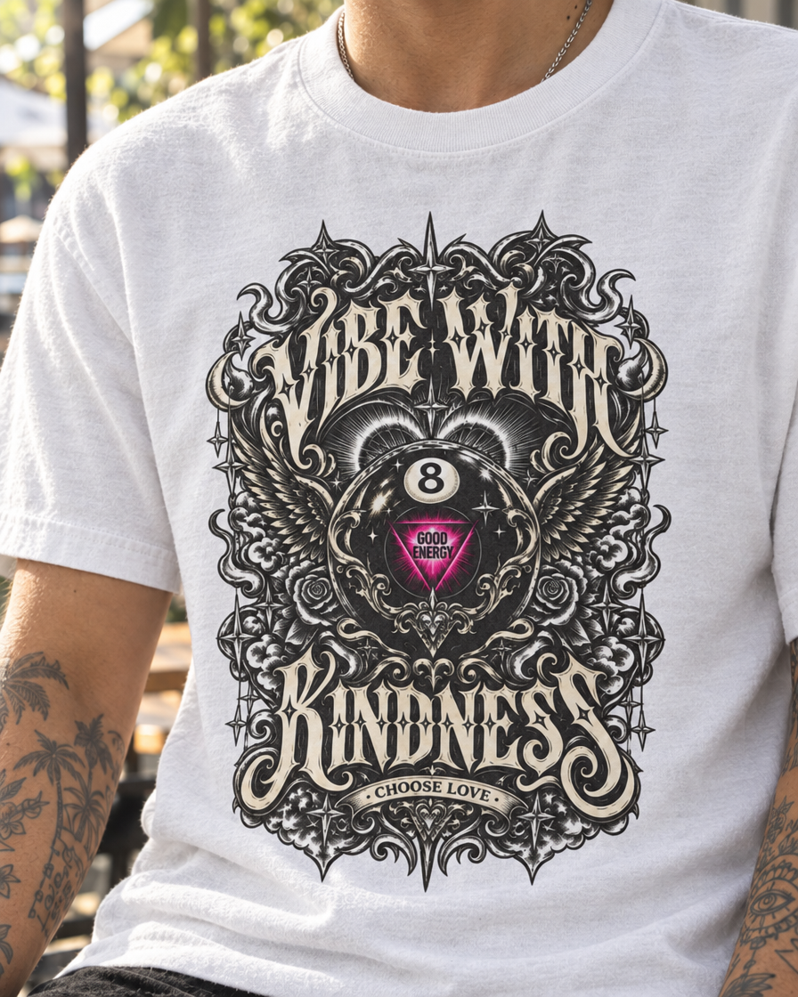 Close-up of the White tee's ornate wings, 8-ball, pink Good Energy triangle, and Choose Love ribbon.