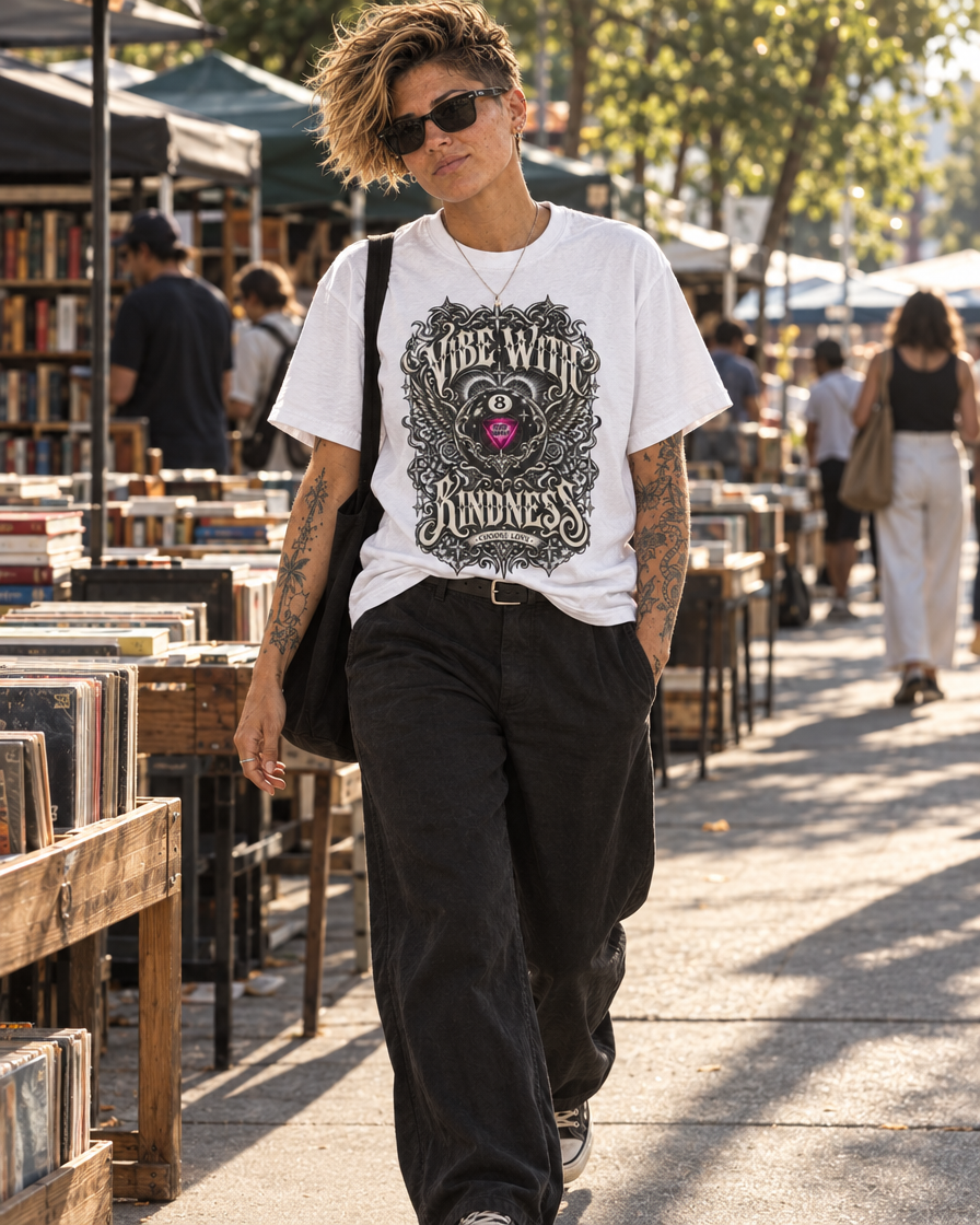 Model wearing the White Vibe With Kindness ornate 8-ball graphic tee at an outdoor market.