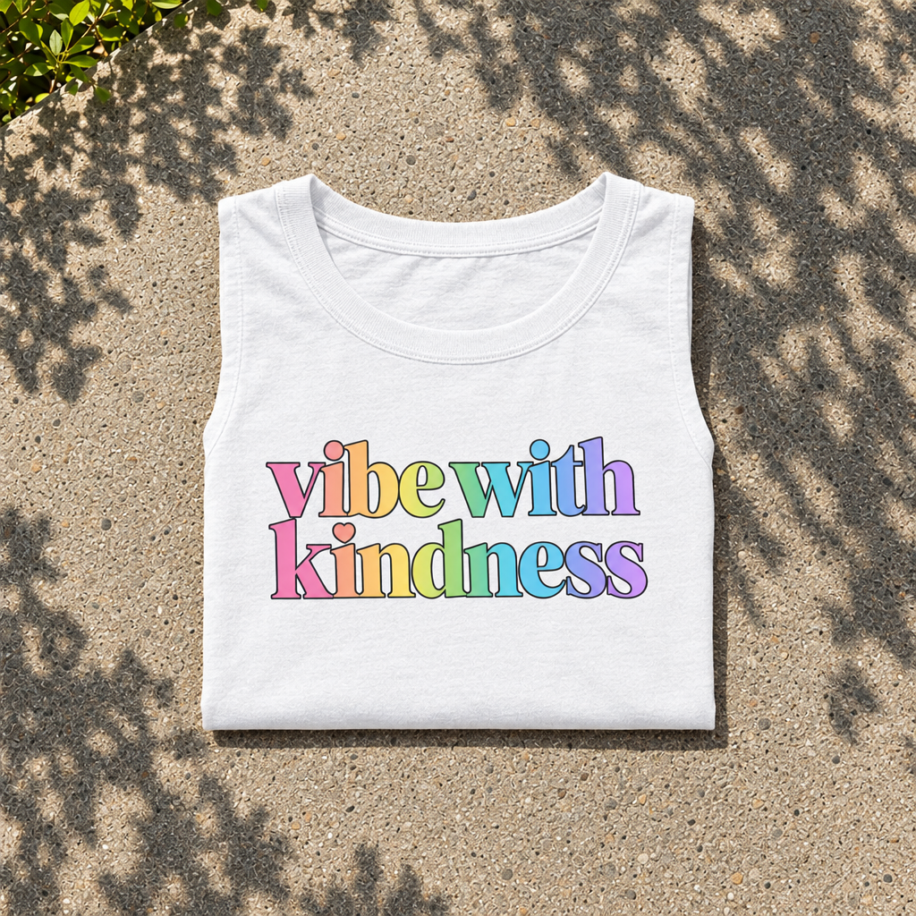 AI-generated styled flatlay of the folded white Vibe With Kindness rainbow crop top.