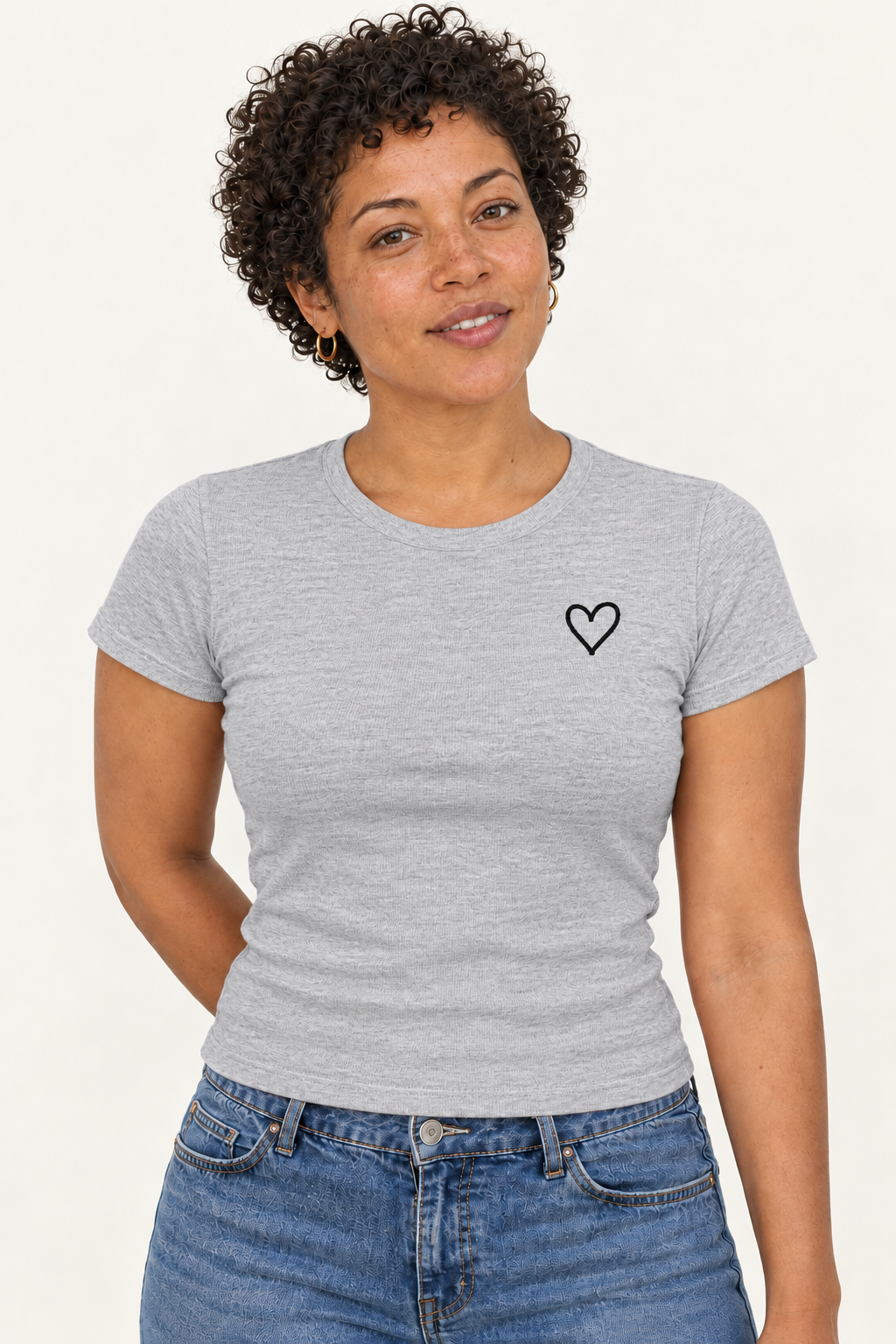 Outlined Heart Embroidered Micro-Rib Baby Tee