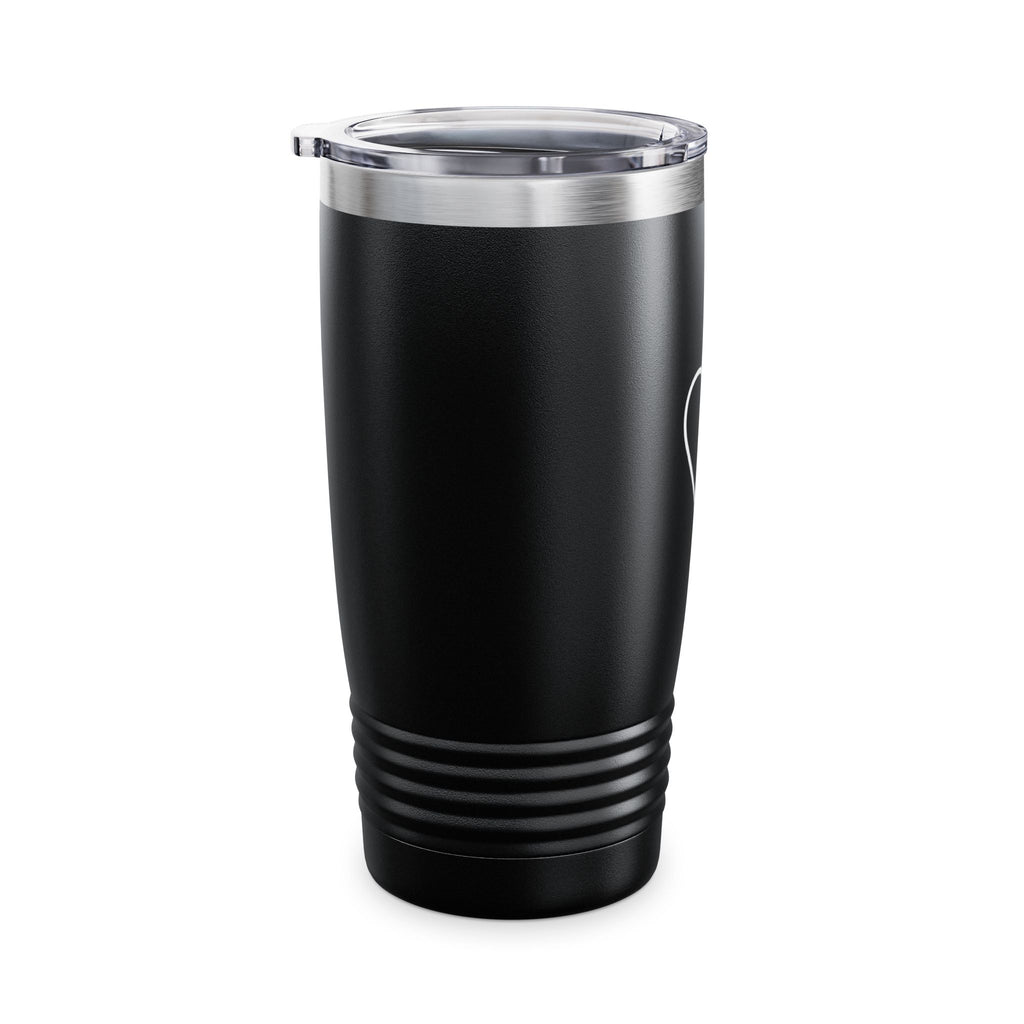 Supplier side view of the black outlined-heart 20oz tumbler with clear lid and the heart partly visible