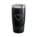Supplier front mockup of the black Vibe With Kindness 20oz tumbler with a white outlined heart, clear lid and ribbed base