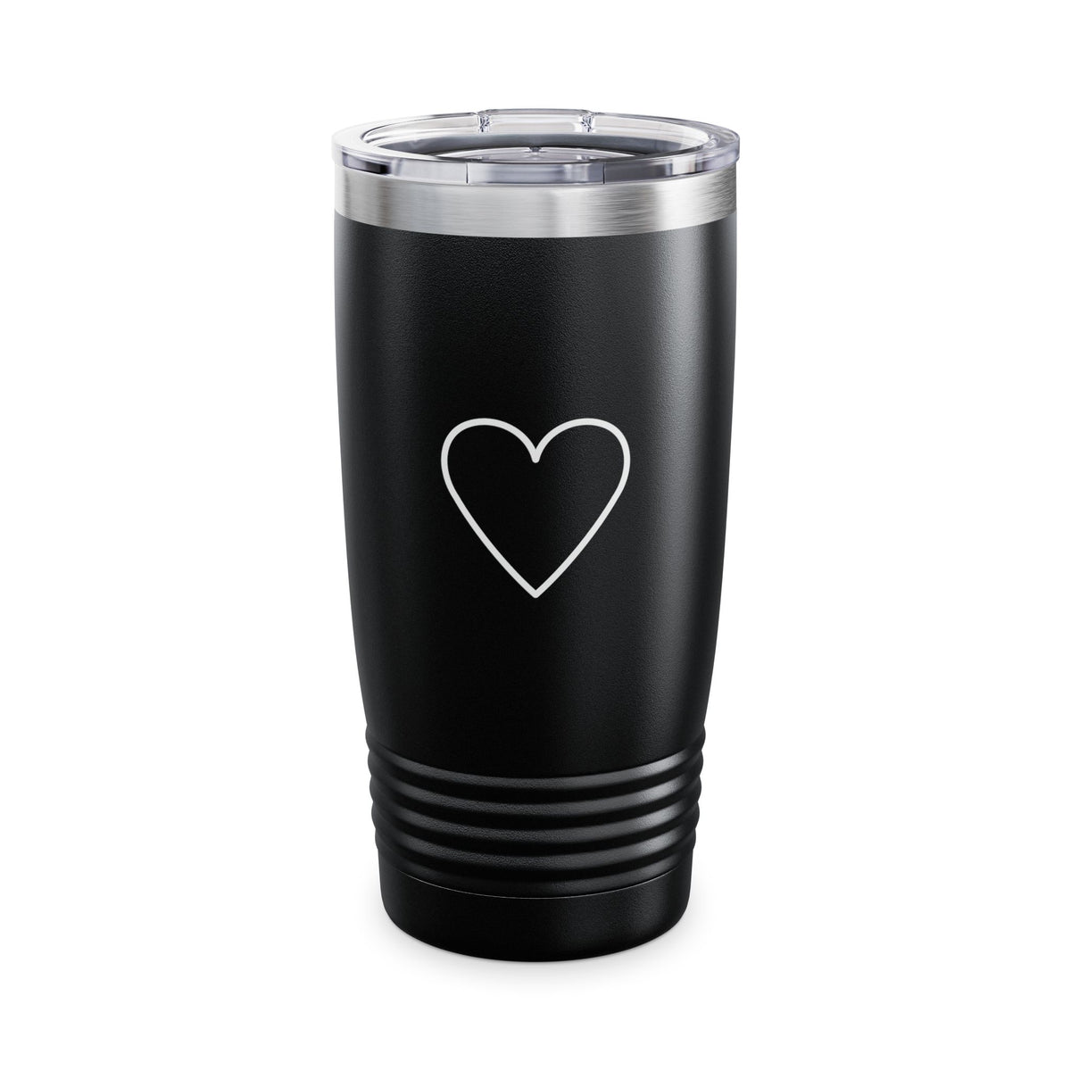 Supplier front mockup of the black Vibe With Kindness 20oz tumbler with a white outlined heart, clear lid and ribbed base