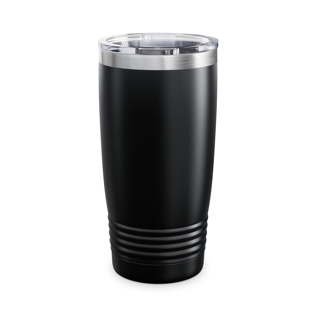 Supplier back view of the black 20oz tumbler, showing its plain back, clear lid and ribbed base