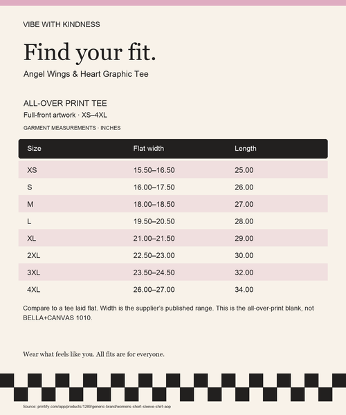 Angel Wings & Heart Graphic Tee product measurements and fit guide in inches
