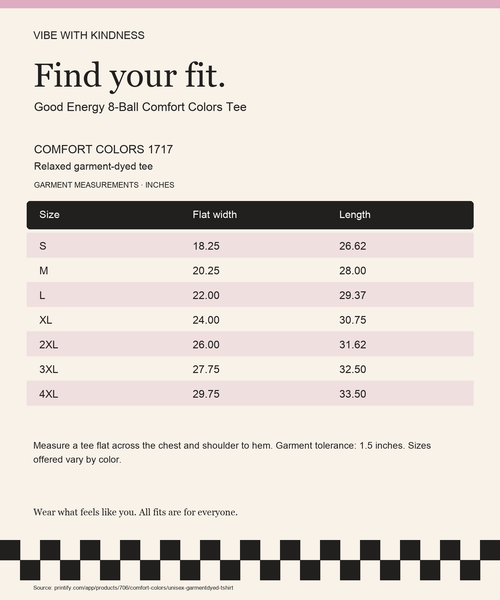 Good Energy 8-Ball Comfort Colors Tee product measurements and fit guide in inches