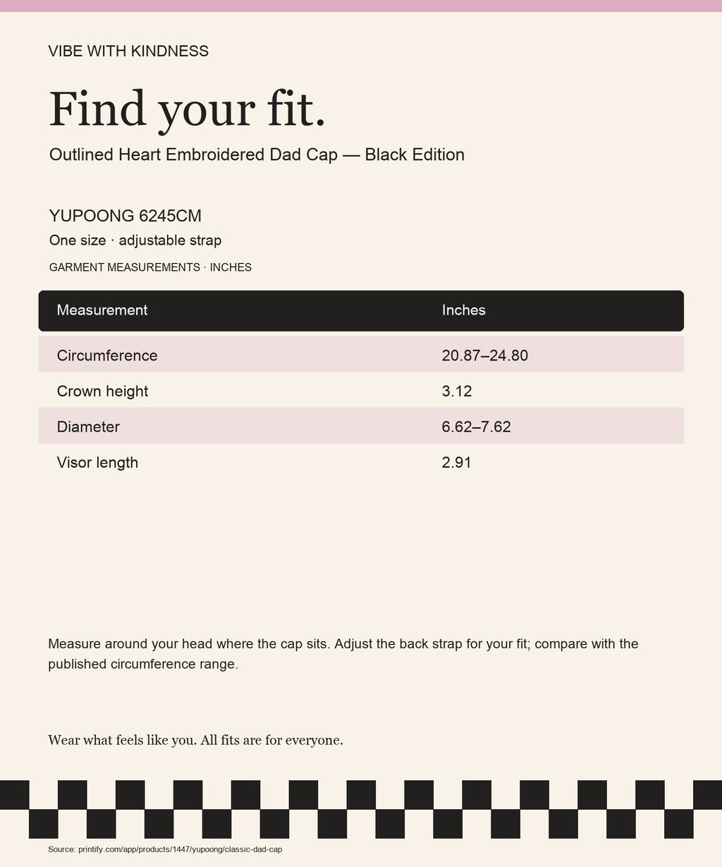 Outlined Heart Embroidered Dad Cap — Black Edition product measurements and fit guide in inches