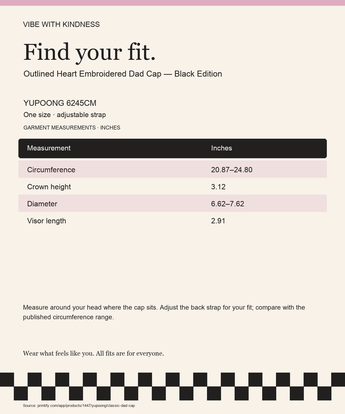 Outlined Heart Embroidered Dad Cap — Black Edition product measurements and fit guide in inches