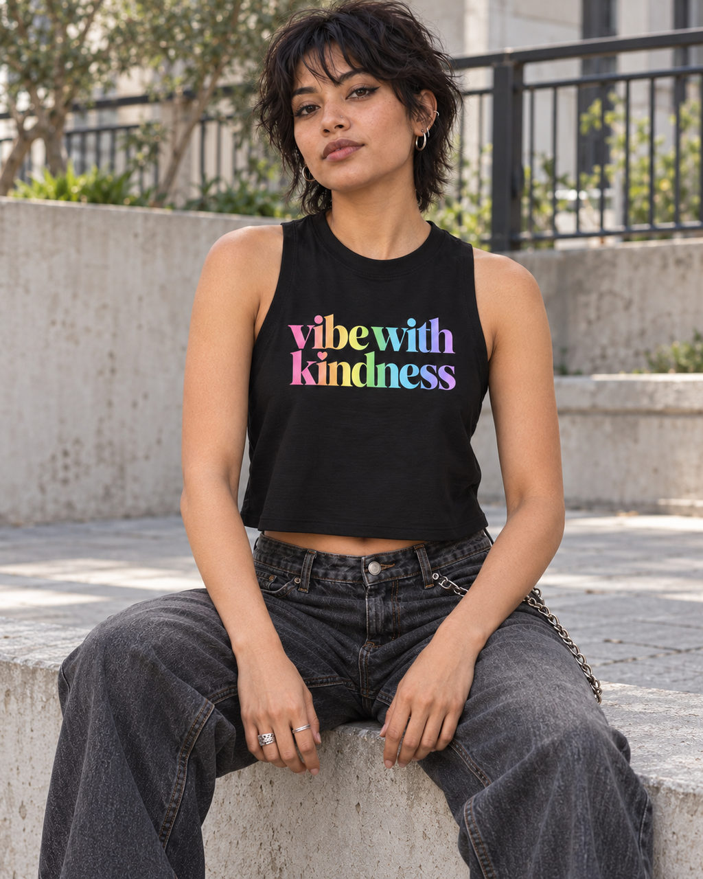 AI-generated styling mockup of the black Vibe With Kindness racerback crop with rainbow logo, seated urban outfit.