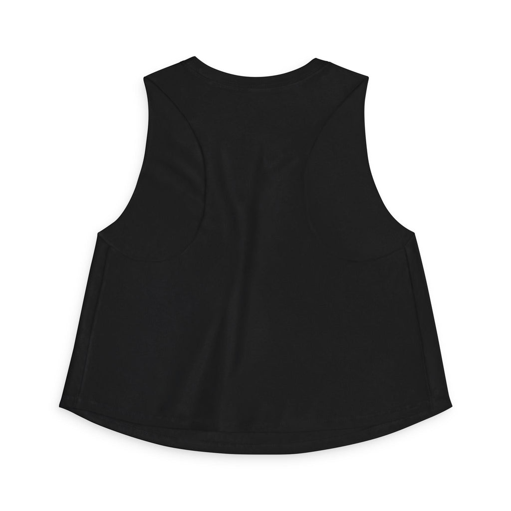 Supplier black flatlay back view of the Vibe With Kindness rainbow racerback crop top.