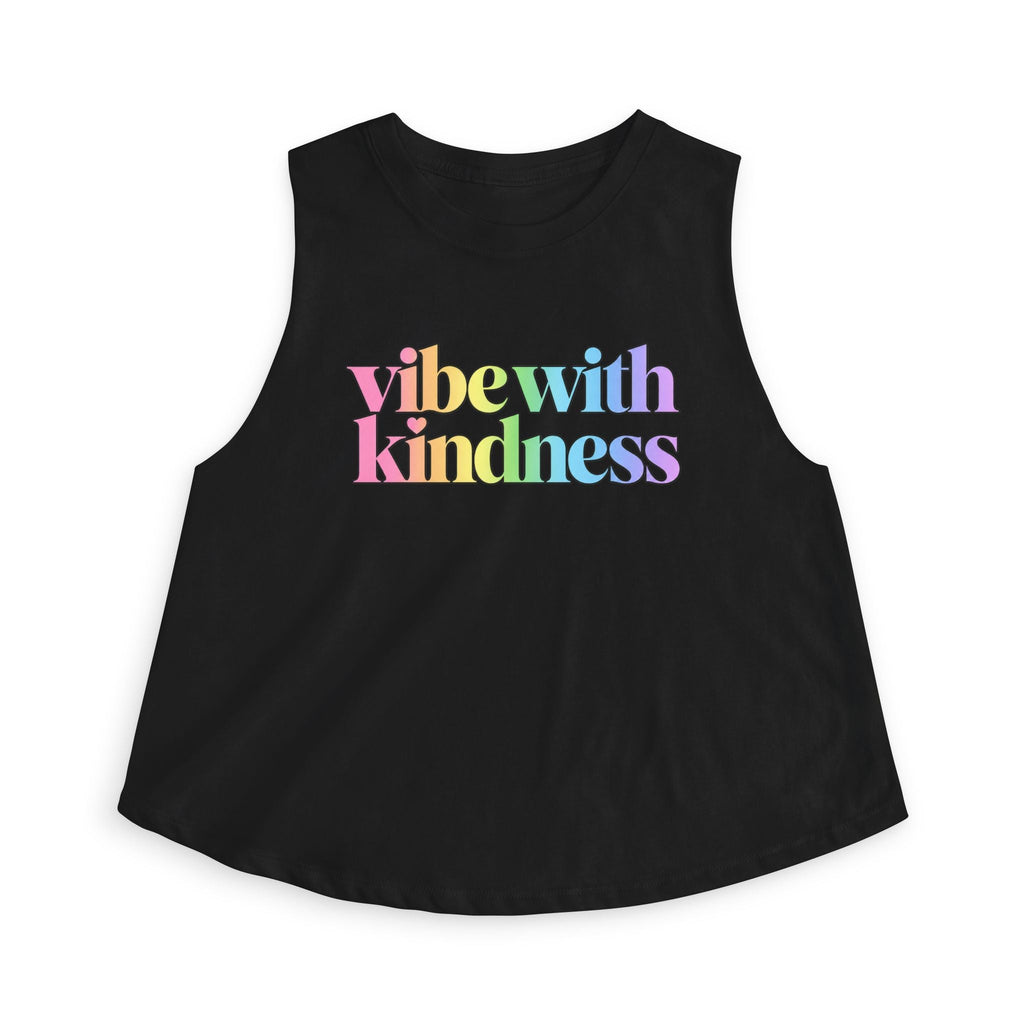 Supplier black flatlay front view of the Vibe With Kindness rainbow racerback crop top.