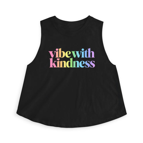 Supplier black flatlay front view of the Vibe With Kindness rainbow racerback crop top.