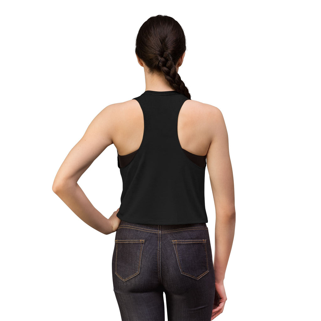 Supplier black model back view of the Vibe With Kindness rainbow racerback crop top.