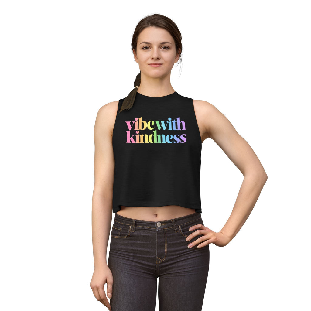 Supplier black model front view of the Vibe With Kindness rainbow racerback crop top.