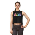Supplier black model front view of the Vibe With Kindness rainbow racerback crop top.
