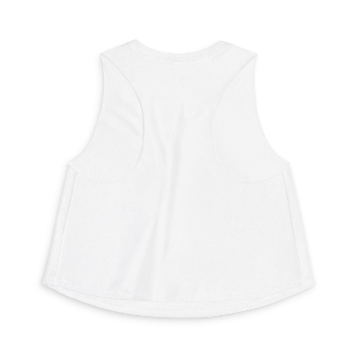 Supplier white flatlay back view of the Vibe With Kindness rainbow racerback crop top.