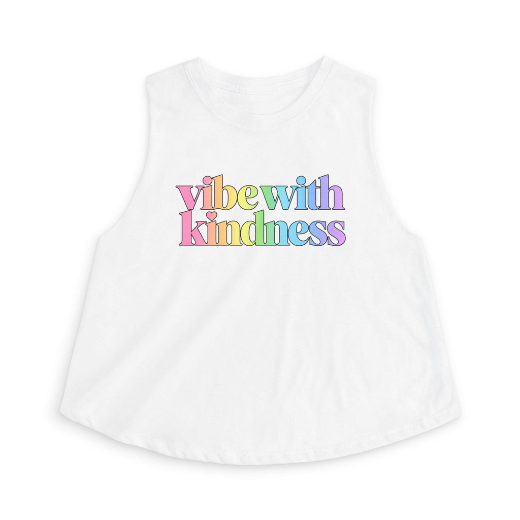 Supplier white flatlay front view of the Vibe With Kindness rainbow racerback crop top.