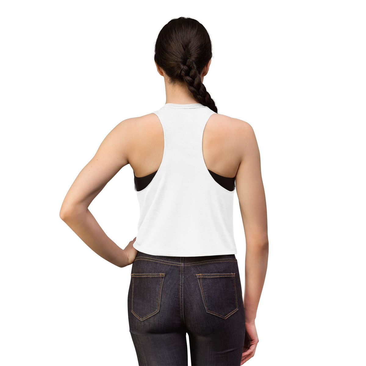 Supplier white model back view of the Vibe With Kindness rainbow racerback crop top.