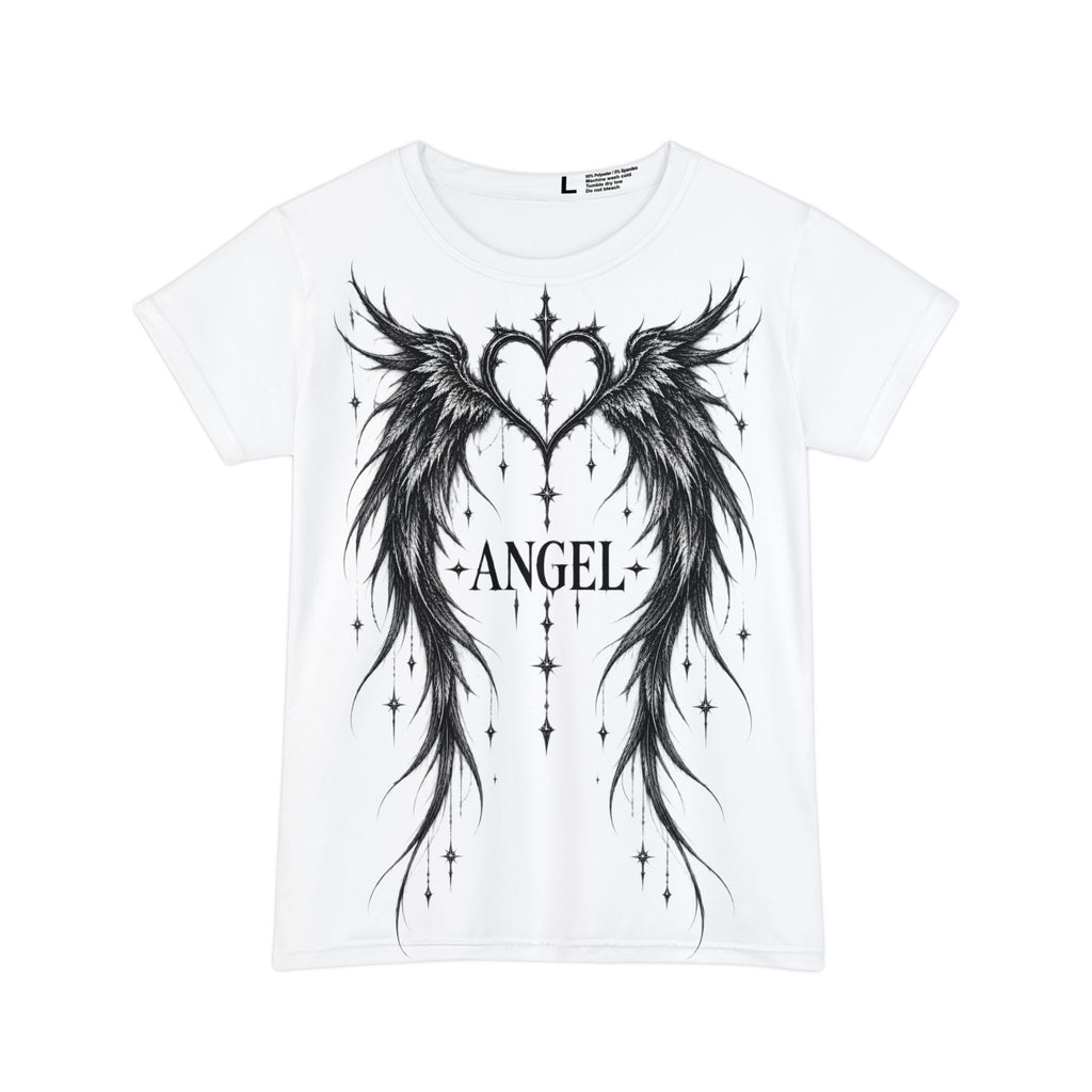 Supplier front mockup of the white Angel Wings graphic tee with black heart, wings and ANGEL lettering.