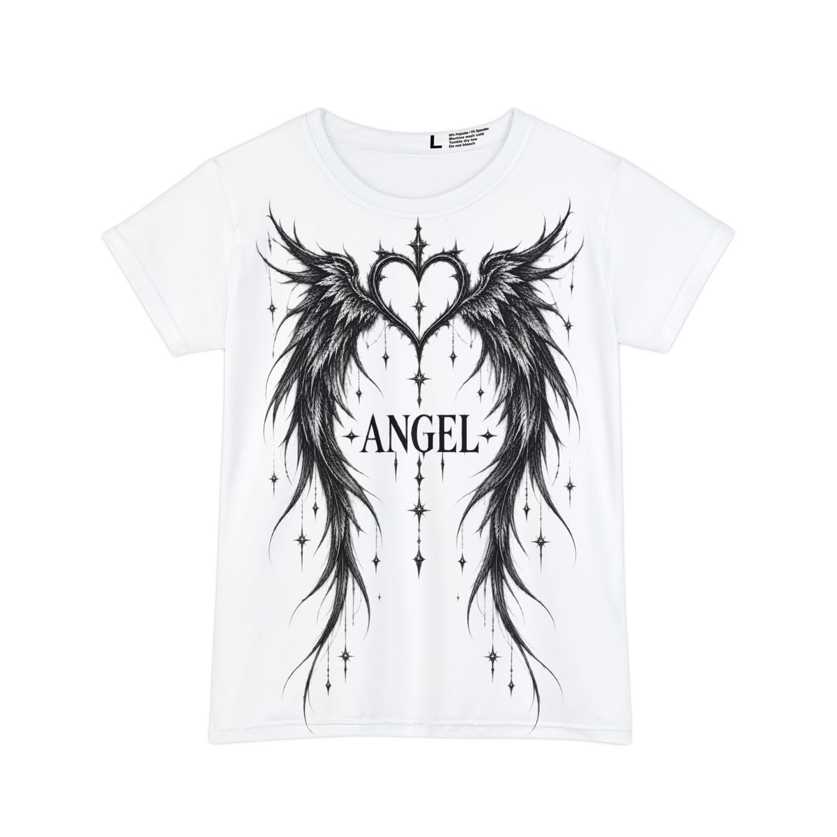 Supplier front mockup of the white Angel Wings graphic tee with black heart, wings and ANGEL lettering.