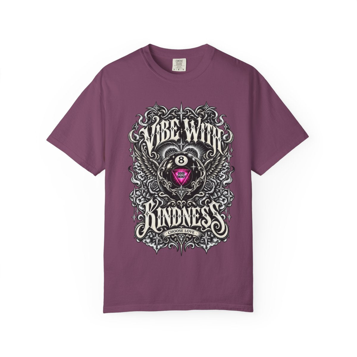 Supplier front mockup of the berry Comfort Colors 1717 tee with Vibe With Kindness, Good Energy 8-ball and Choose Love artwork.