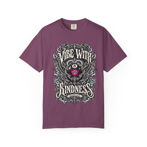 Supplier front mockup of the berry Comfort Colors 1717 tee with Vibe With Kindness, Good Energy 8-ball and Choose Love artwork.