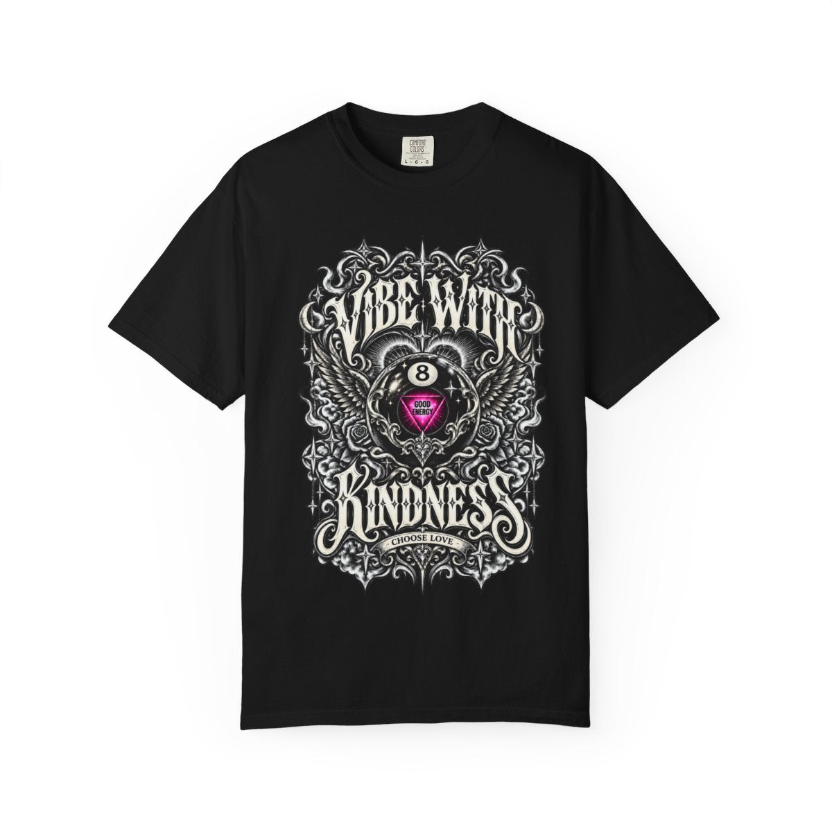 Supplier front mockup of the black Comfort Colors 1717 tee with Vibe With Kindness, Good Energy 8-ball and Choose Love artwork.