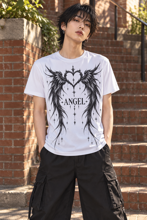 AI-generated styling mockup of the actual full-length Angel Wings & Heart polyester-spandex tee; large black graphic, white shirt.