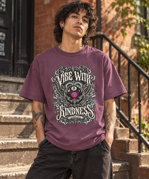 AI-generated styling mockup of the Berry Good Energy 8-Ball design on a relaxed Comfort Colors 1717 tee.