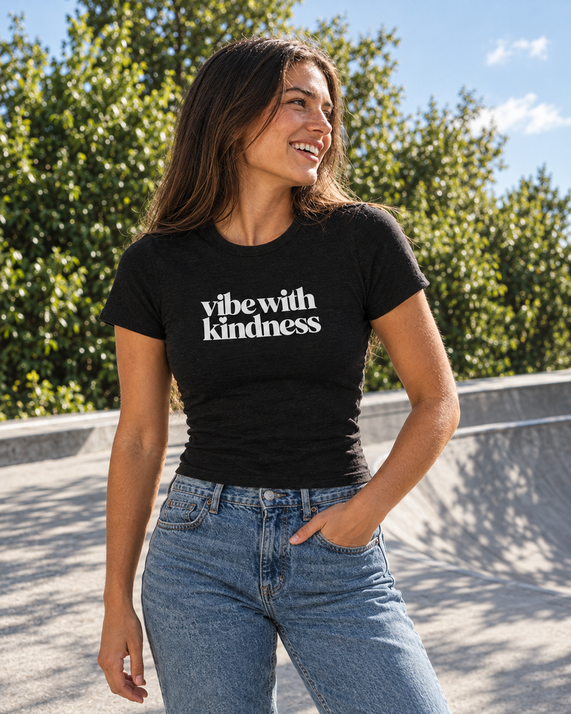 Vibe With Kindness micro-rib baby tee — product lifestyle mockup