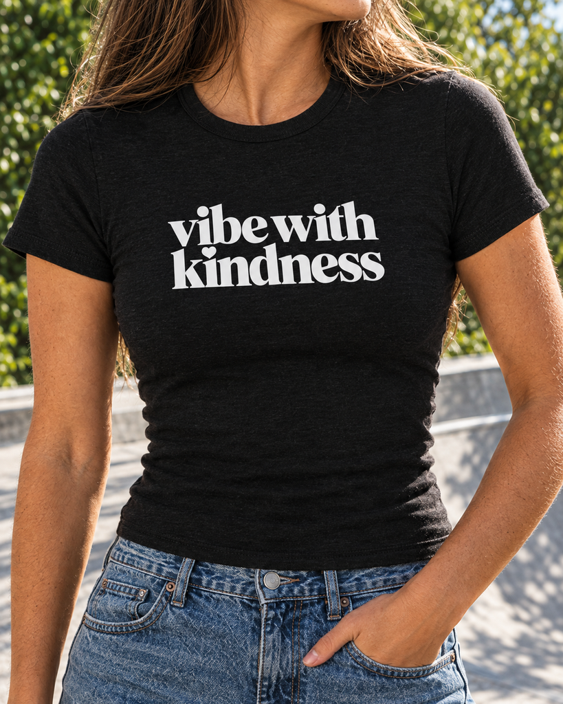 Vibe With Kindness micro-rib baby tee — product lifestyle mockup