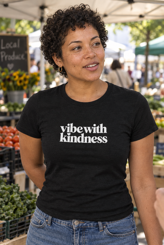 Vibe With Kindness micro-rib baby tee — product lifestyle mockup