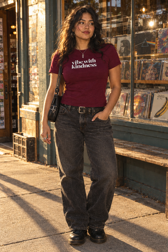 Vibe With Kindness micro-rib baby tee — product lifestyle mockup