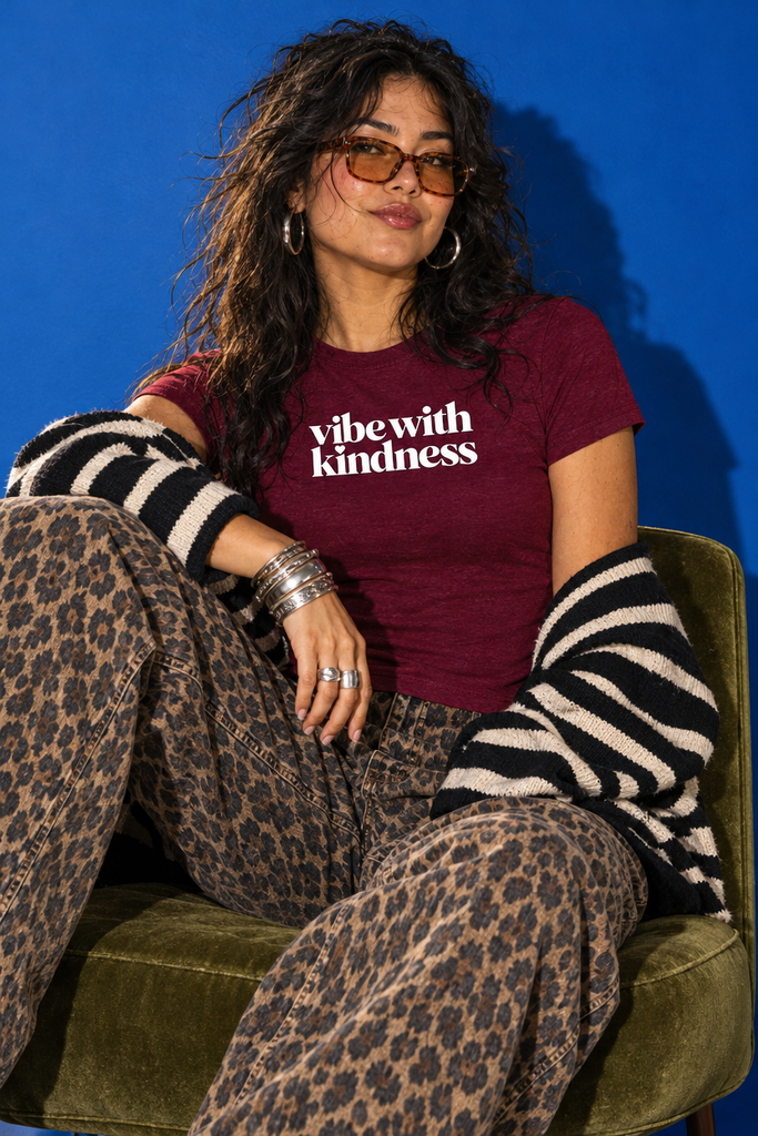 Vibe With Kindness micro-rib baby tee — product lifestyle mockup