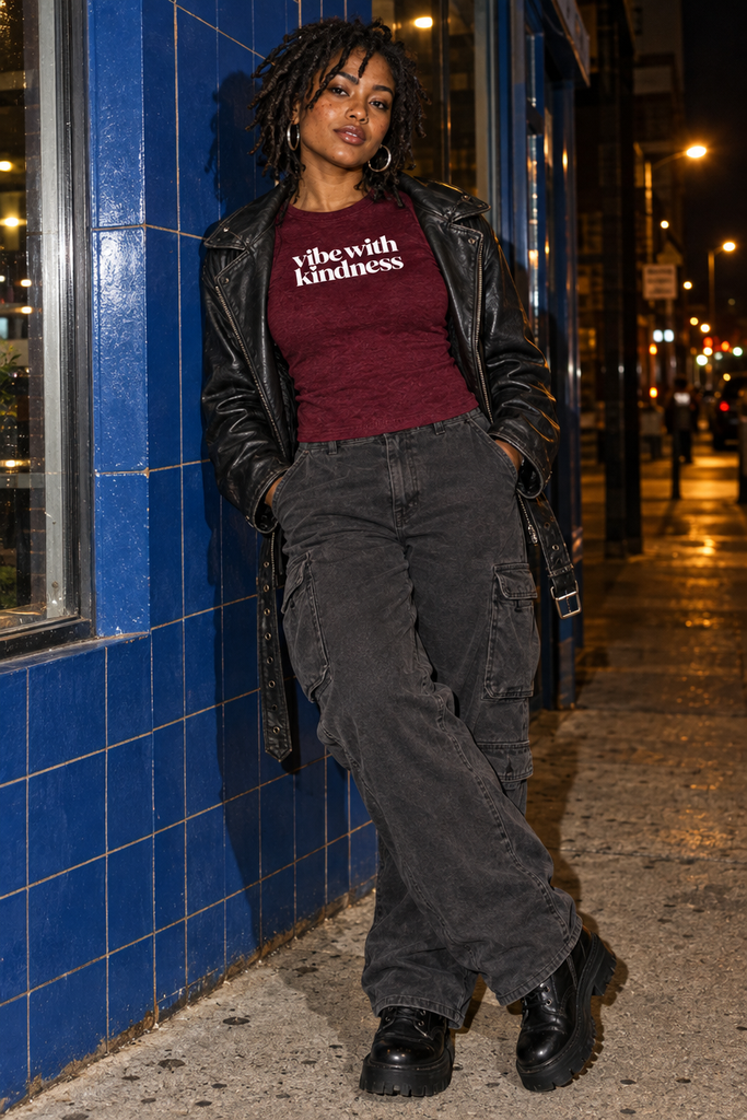 Vibe With Kindness micro-rib baby tee — product lifestyle mockup