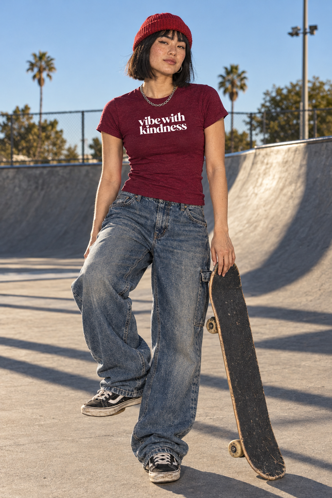 Vibe With Kindness micro-rib baby tee — product lifestyle mockup