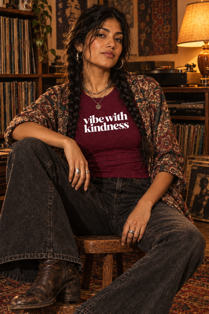 Vibe With Kindness micro-rib baby tee — product lifestyle mockup