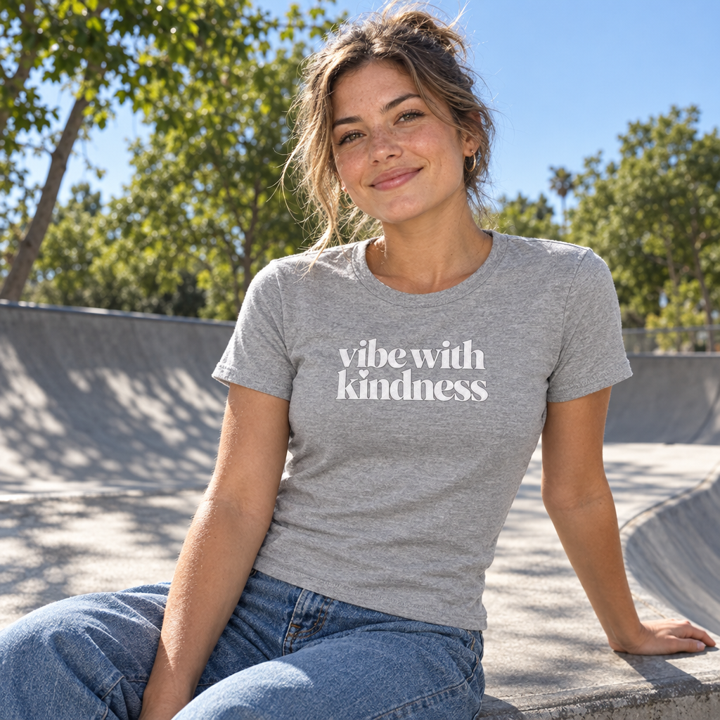 Vibe With Kindness micro-rib baby tee — product lifestyle mockup
